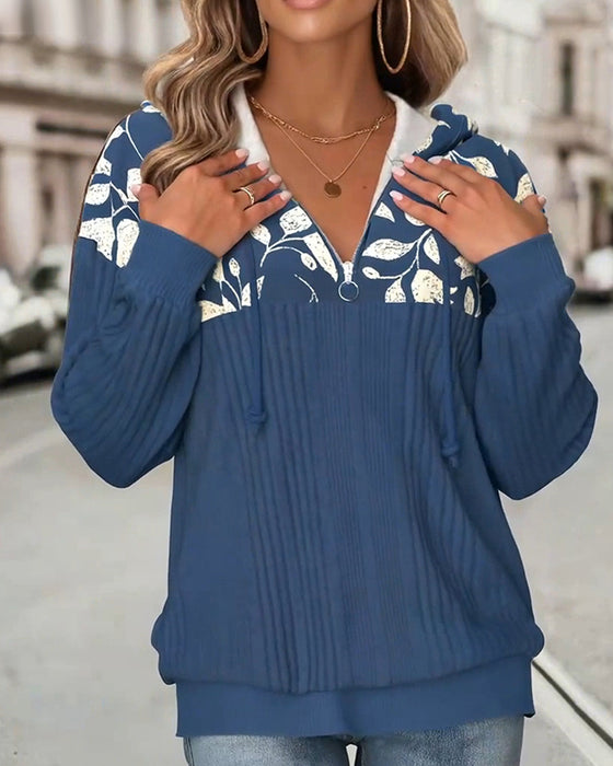 Sweatshirt Med Huva Halvdragkedja Blomtryck