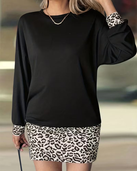 Klänning Runt Leopard Patchwork Lång Ärm