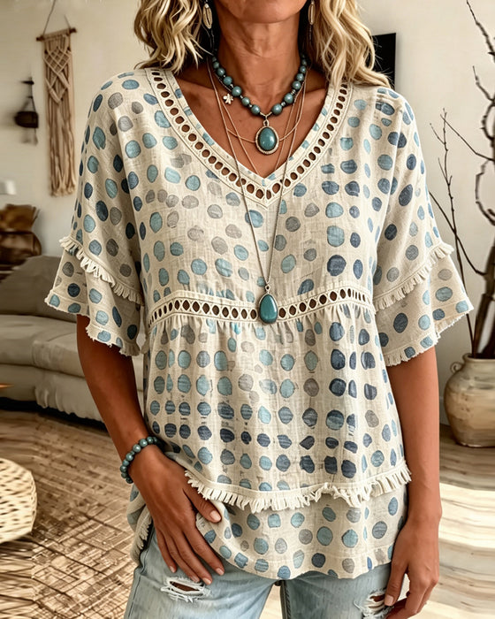 Blus Fringe V-Hals Prickig Babydoll