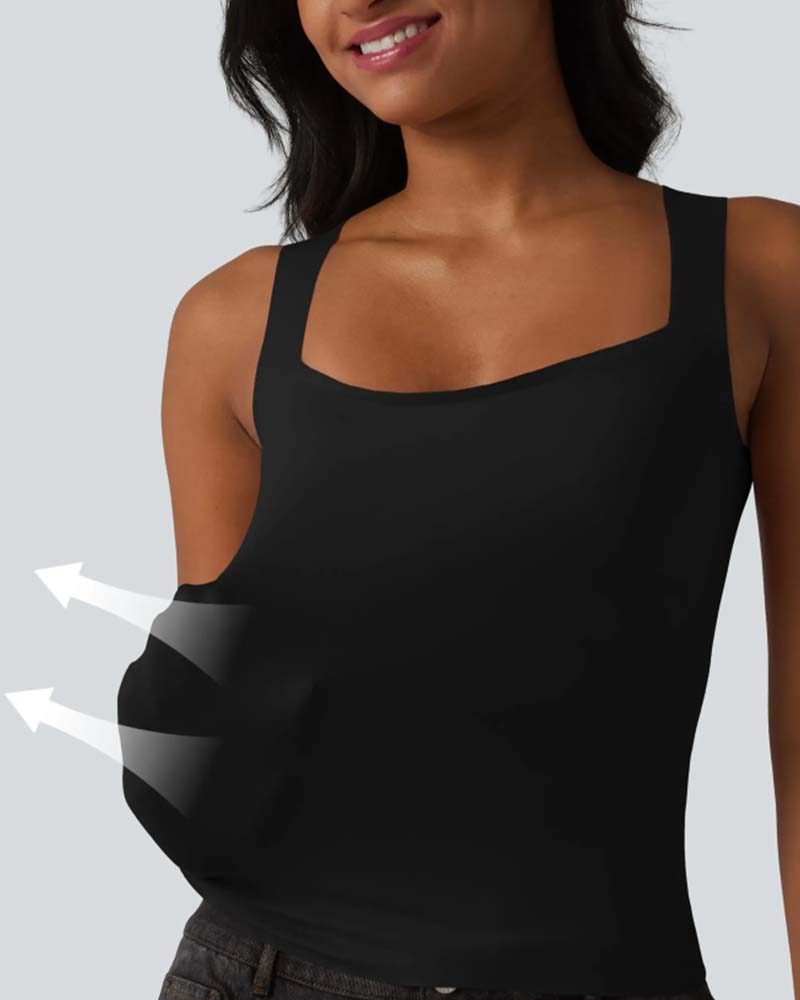 Tank Top Solid Färg Fyrkantig Hals Inbyggd Bh
