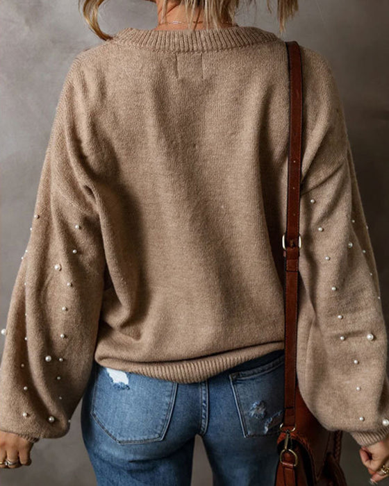 Pullover Med Pärlor Lång Ärm Rundhalsad