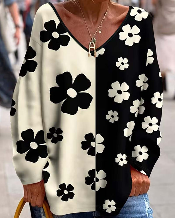 T-Shirt V-Hals Blommig Färgblock Lös