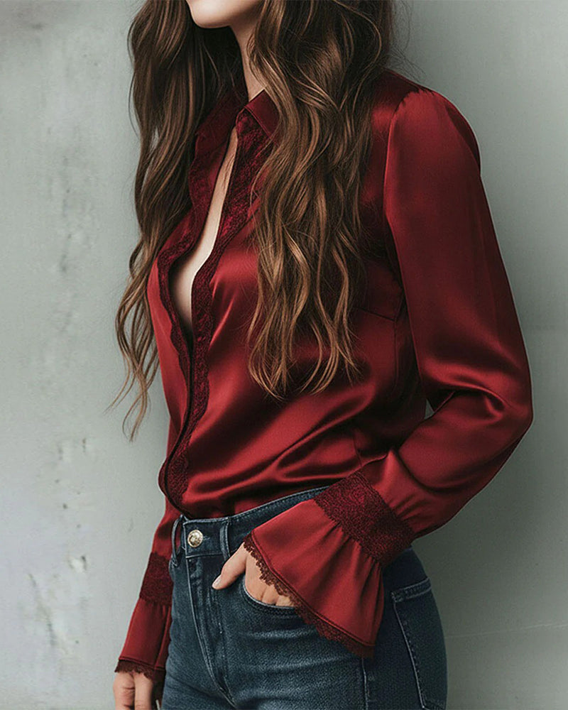 Blus Satäng Spetsinsatt Krage