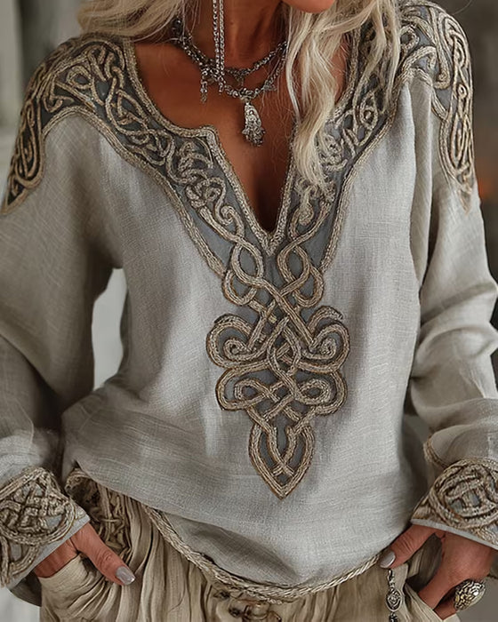Blus V-Hals Linje Kontrast Patchwork