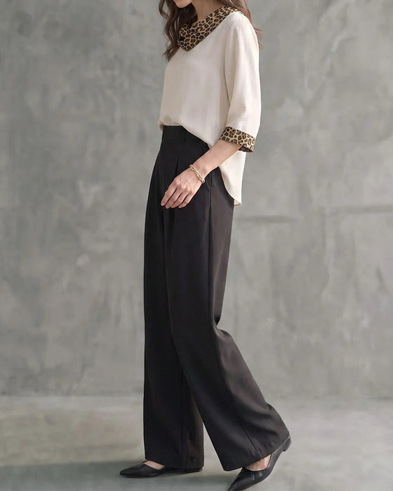 Blus Leopard Panel Cowl Neck Armbågslång Ärm