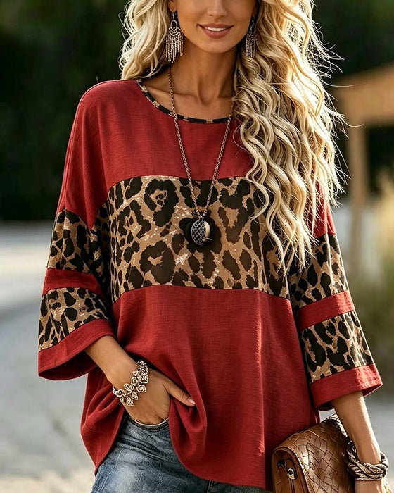 Topp Rundhalsad Leopard Färgblock