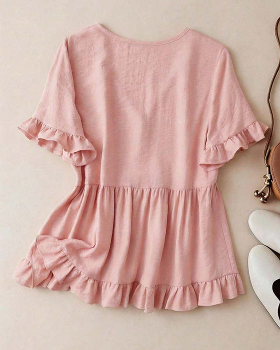 Blus V-Hals Ruffle Pärla Knapp