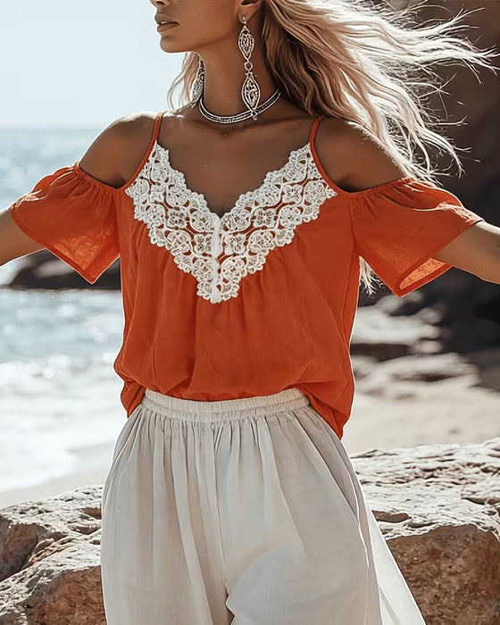 Blus Spets Patchwork Off-Shoulder
