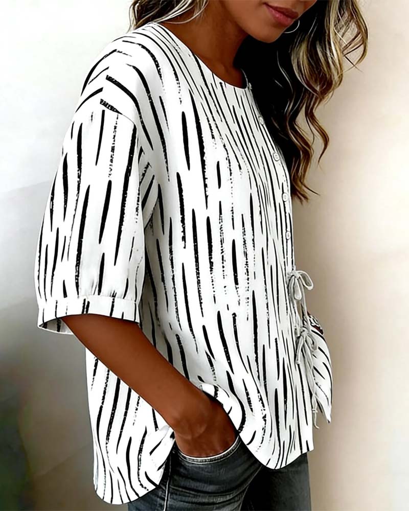 Topp Randig Knapp Trekvart Ärm