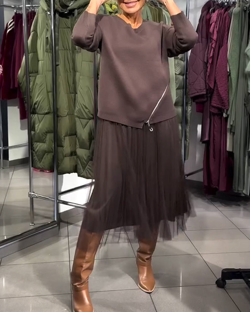 Stilrent Set Med Rundhalsad Tröja Och Dragkedjedetalj