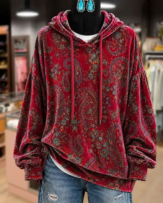 Hoodie Paisley Tryck Sammet