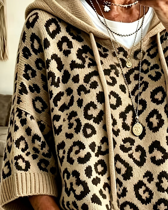 Hoodie Leopardmönster Mellanärm Ficka