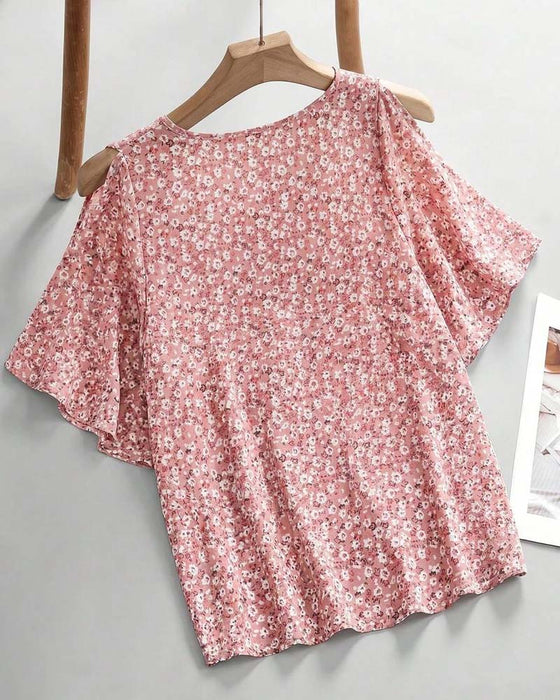 Blus V-Hals Blommig Off-Shoulder Fladder Ärm