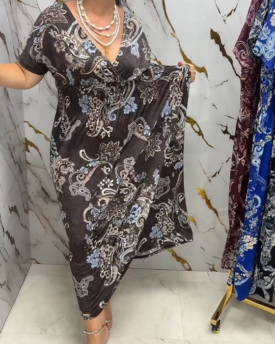 Klänning V-ringning Blommig Midjeraff Maxi