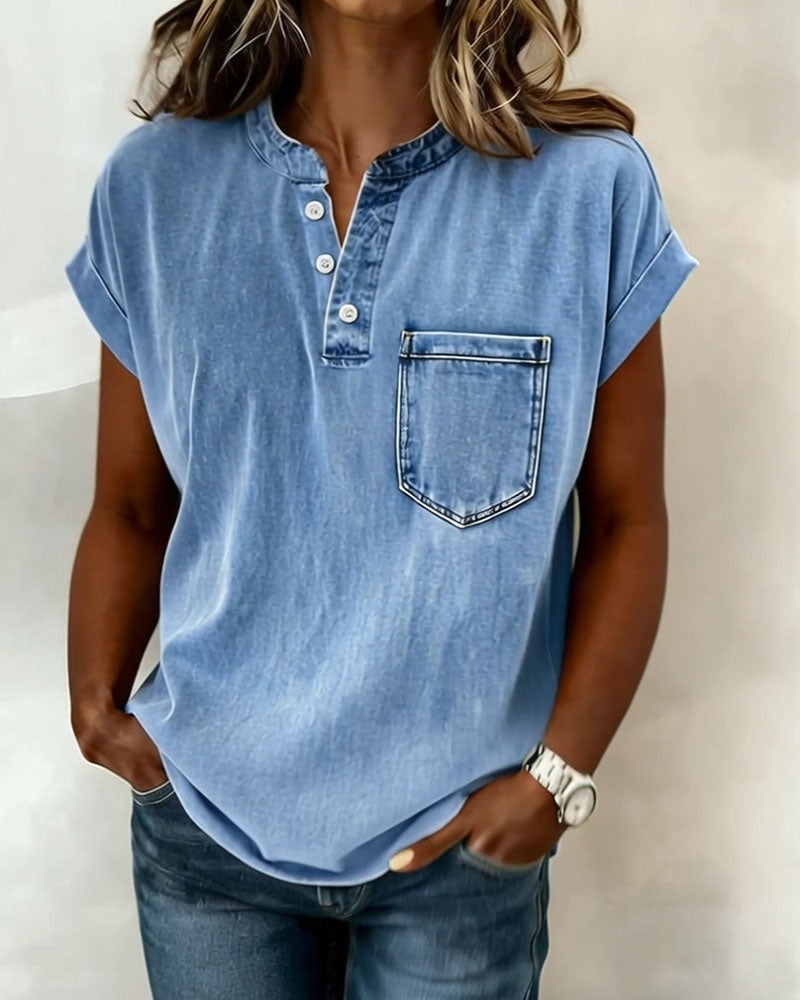 Topp Tvättad Denim Henley Kort Ärm