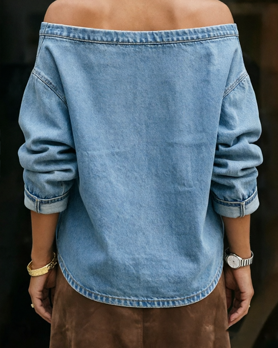 Topp Off-Axel Lös Denim Lång Ärm