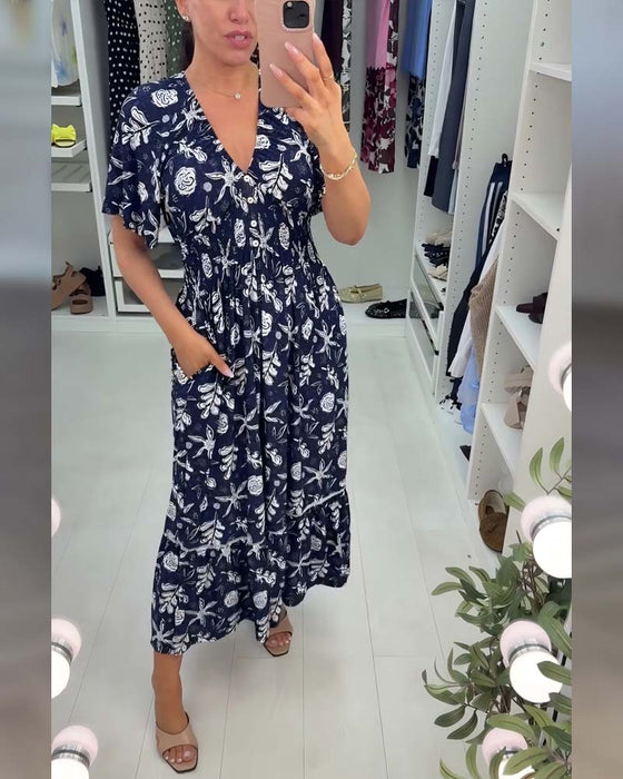 Klänning V-ringning Lössittande Tryckt Lång