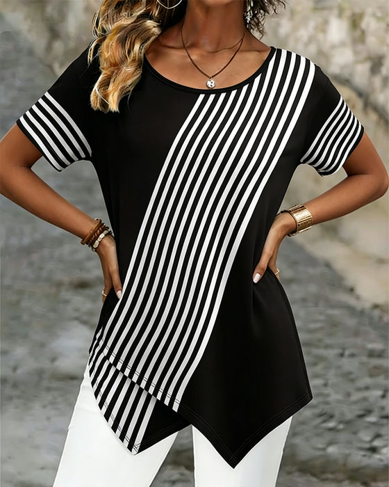 T-Shirt Diagonal Rand Patchwork Rundhalsad