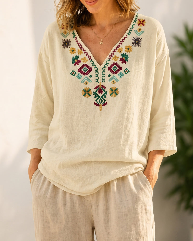 Blus V-Hals Bohemisk Tryckt