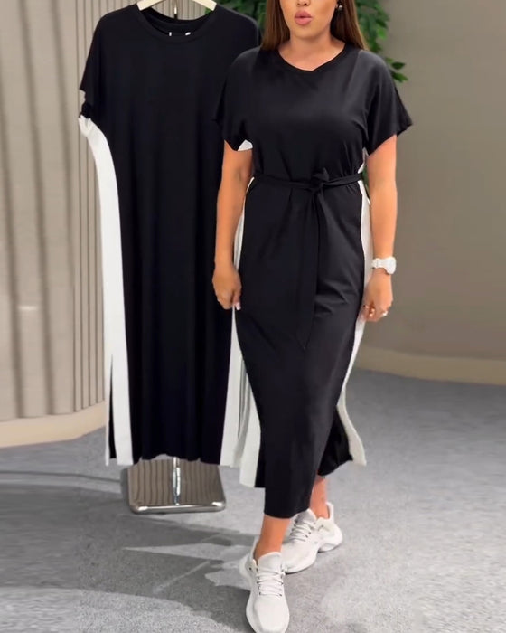 Klänning Rund Hals Lappverk Kort Ärm