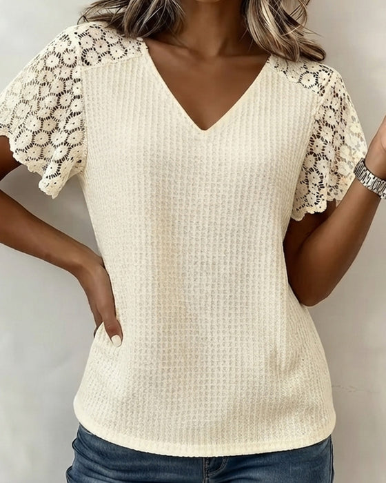 T-Shirt V-Hals Våffla Spets Patchwork Solid