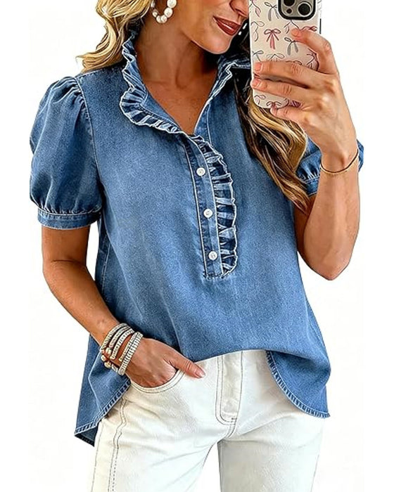 Blus Knapp Upp Ruffle Denim