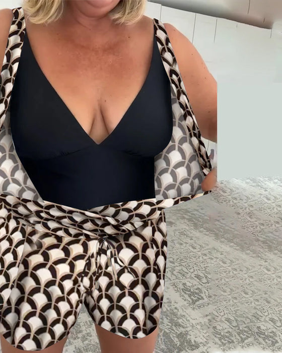 Tvodelat Ärmllöst Geometriskt Badkläder