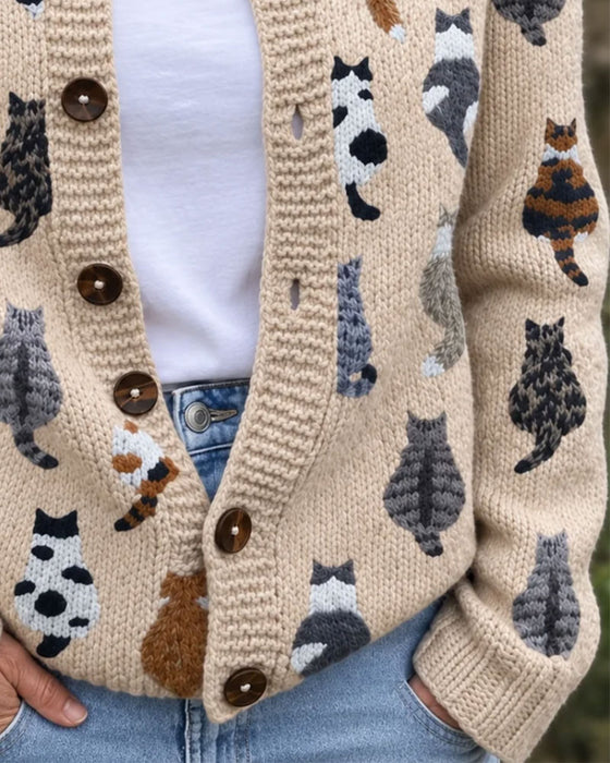 Cardigan Katt Rygg Tryck Stickad