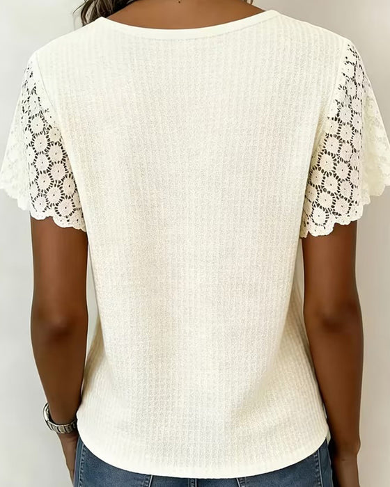 T-Shirt V-Hals Våffla Spets Patchwork Solid