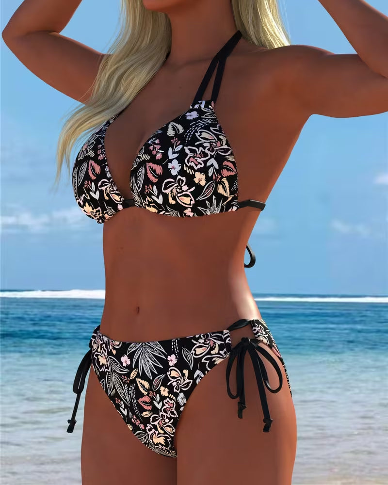 Bikini Blommig Halsrem Knyt Tvådelad Bikini
