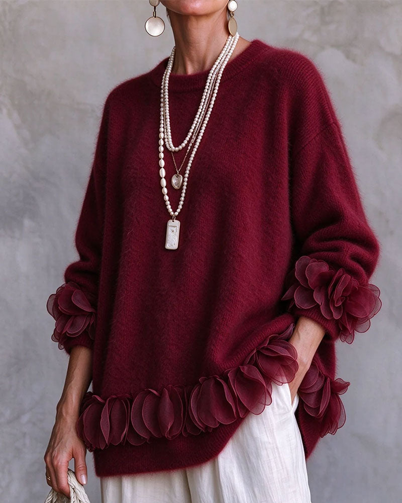 Pullover Blommig Lat Solid Färg