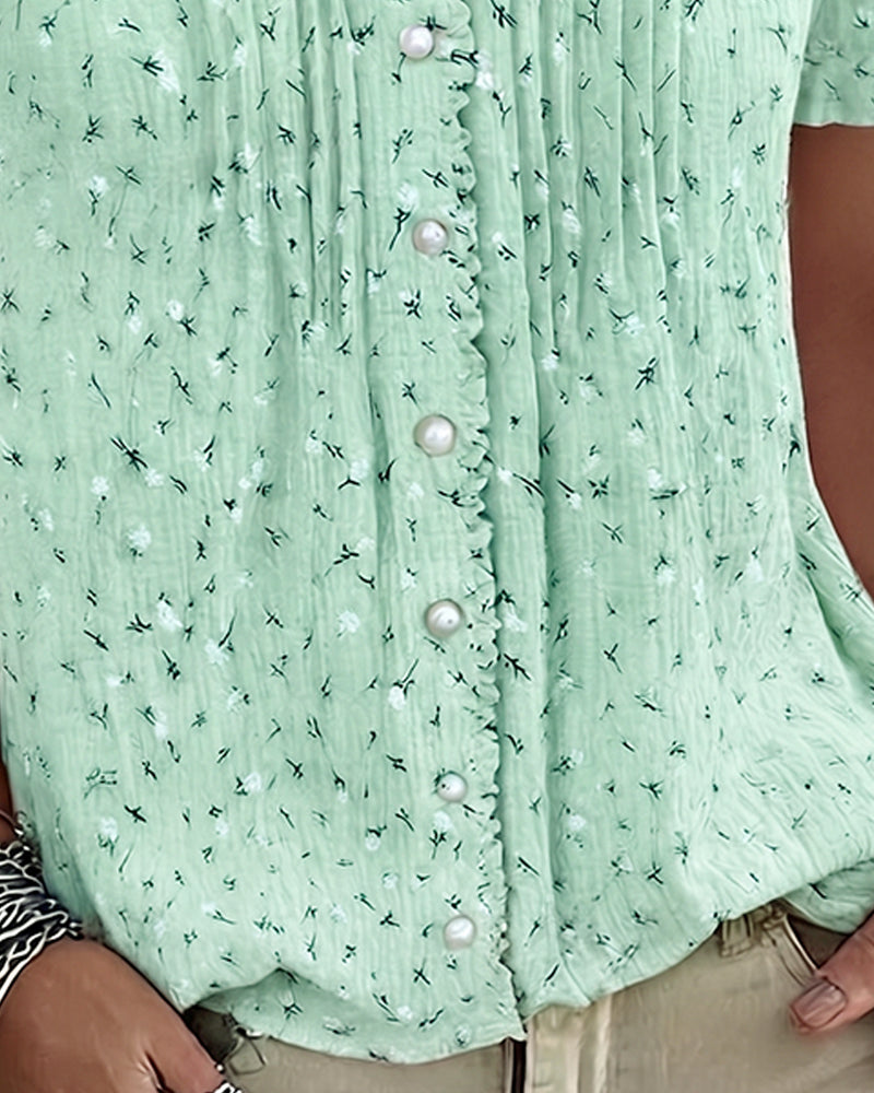 Blus Puffärm Blommig Tryck Kortärmad