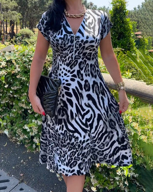 Klänning V-Ringning Dragkedja Leopardtryck