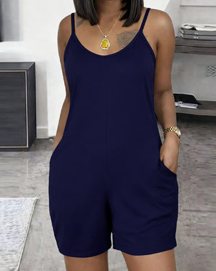 Enfärgad Ärmlös U-Ringad Jumpsuit Med Ficka