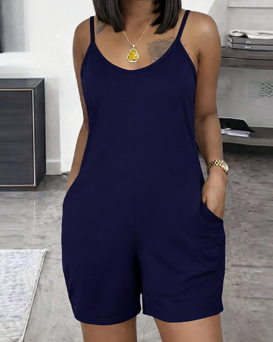 Enfärgad Ärmlös U-Ringad Jumpsuit Med Ficka