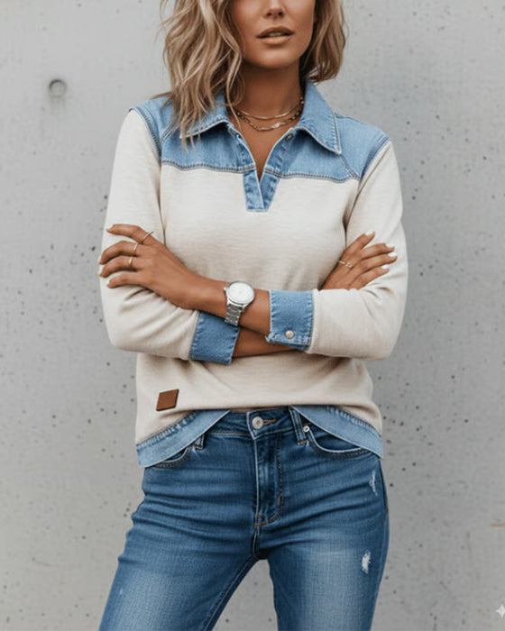 Sweatshirt Modig Krage Färgblock Hopfogad