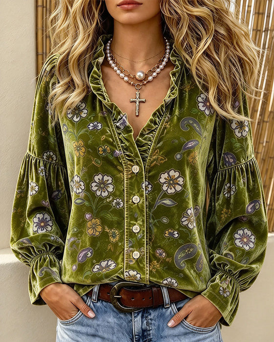 Blus V-Hals Knapp Volang Blommig