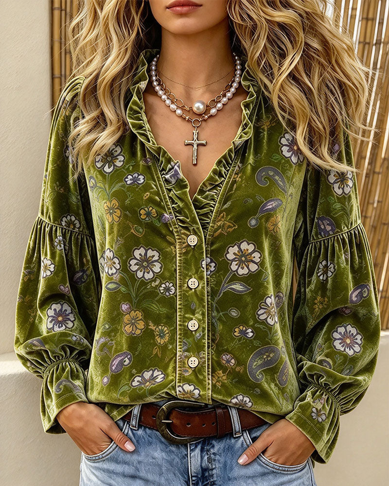 Blus V-Hals Knapp Volang Blommig