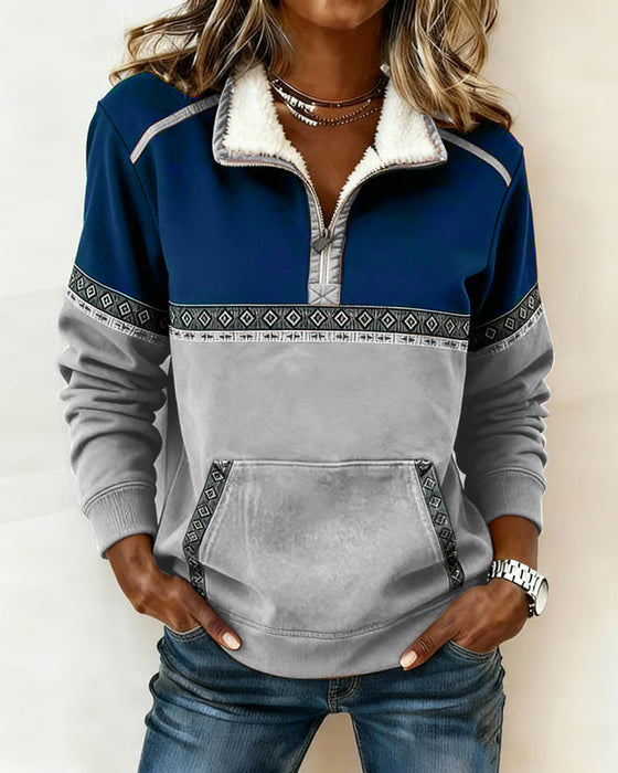 Retro Hoodie Med Färgblockning Och Pälskrage