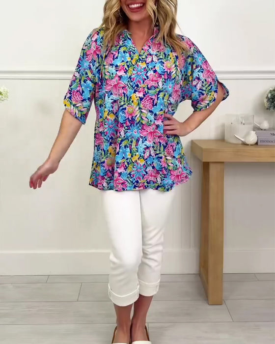 Topp Tropisk Blommig Kortärmad