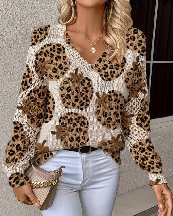 Pullover Leopard Pumpa V-Hals Urholkning