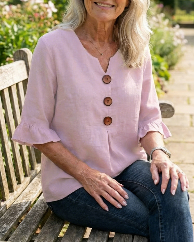 Blusar Enfärgad Bomullslinne Träknappar Rynkningar