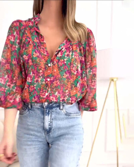 Puffärm tryckt skjorta med button-down