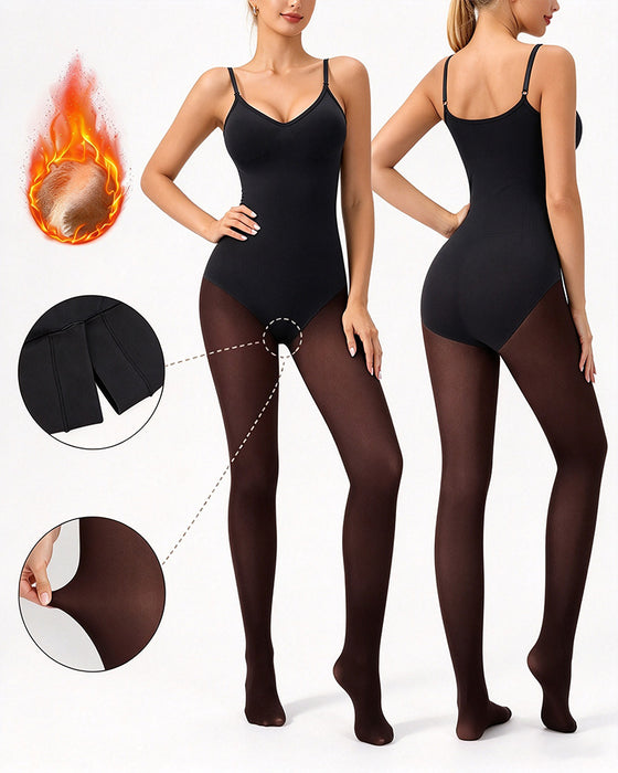 Genomskinlig Panel Med Fleecefodrade Tights Stay-Warm Magkontroll Sheer Effekt Tights Bodysuit Svart Basic
