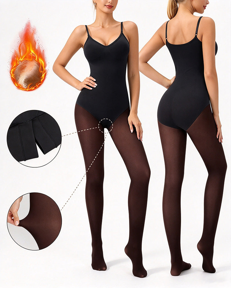 Genomskinlig Panel Med Fleecefodrade Tights Stay-Warm Magkontroll Sheer Effekt Tights Bodysuit Svart Basic