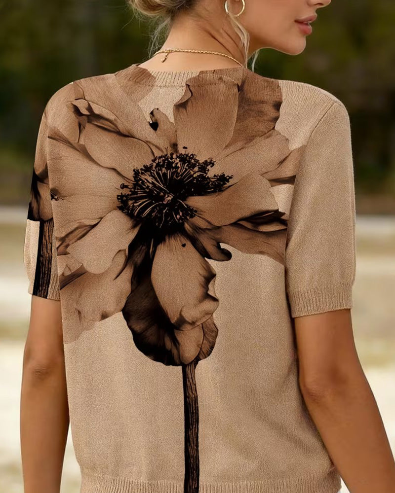 Pullover Blommönster Stickad Kortärmad