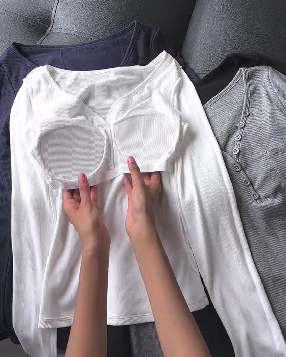 Topp Ribbad Henley Ficka Långärmad