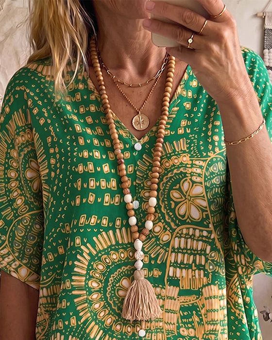 Blouse Etnisk Tryck V-Hals