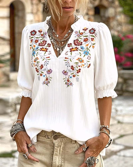 Blus Ruffle Trim Tryck Casual