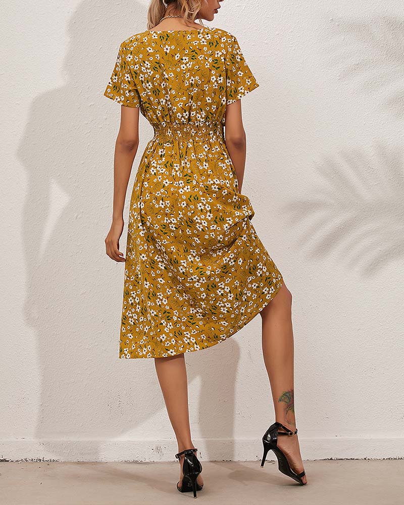 Klänning V-Ringning Snörd Midja Blommigt Print Midi